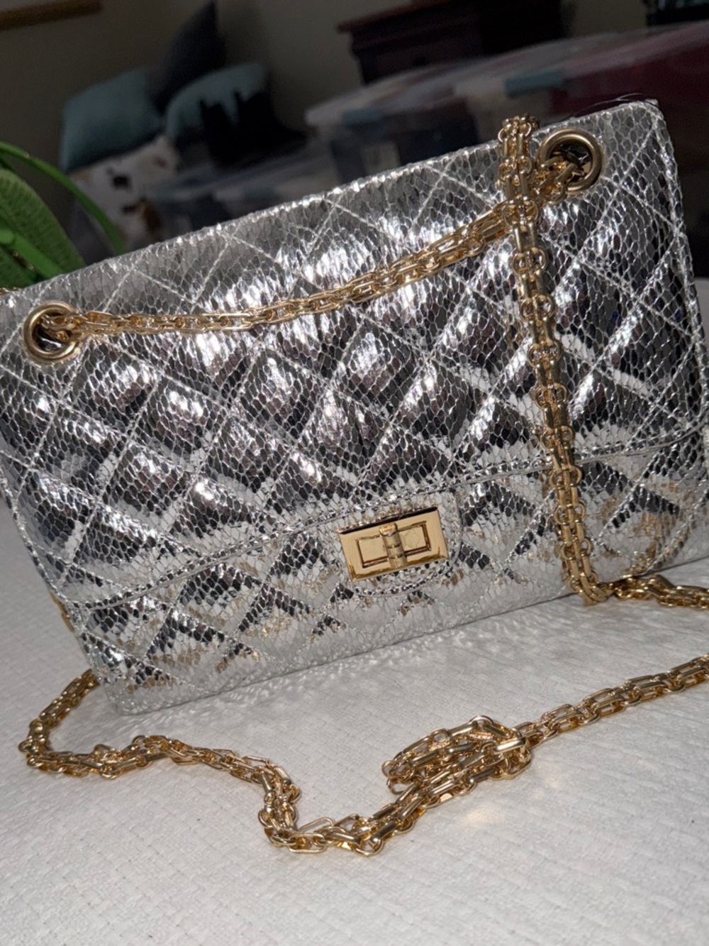 Metallic Silver Quilted Crossbody with Gold Chain
